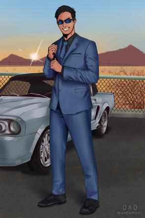 Full-body, static with background.